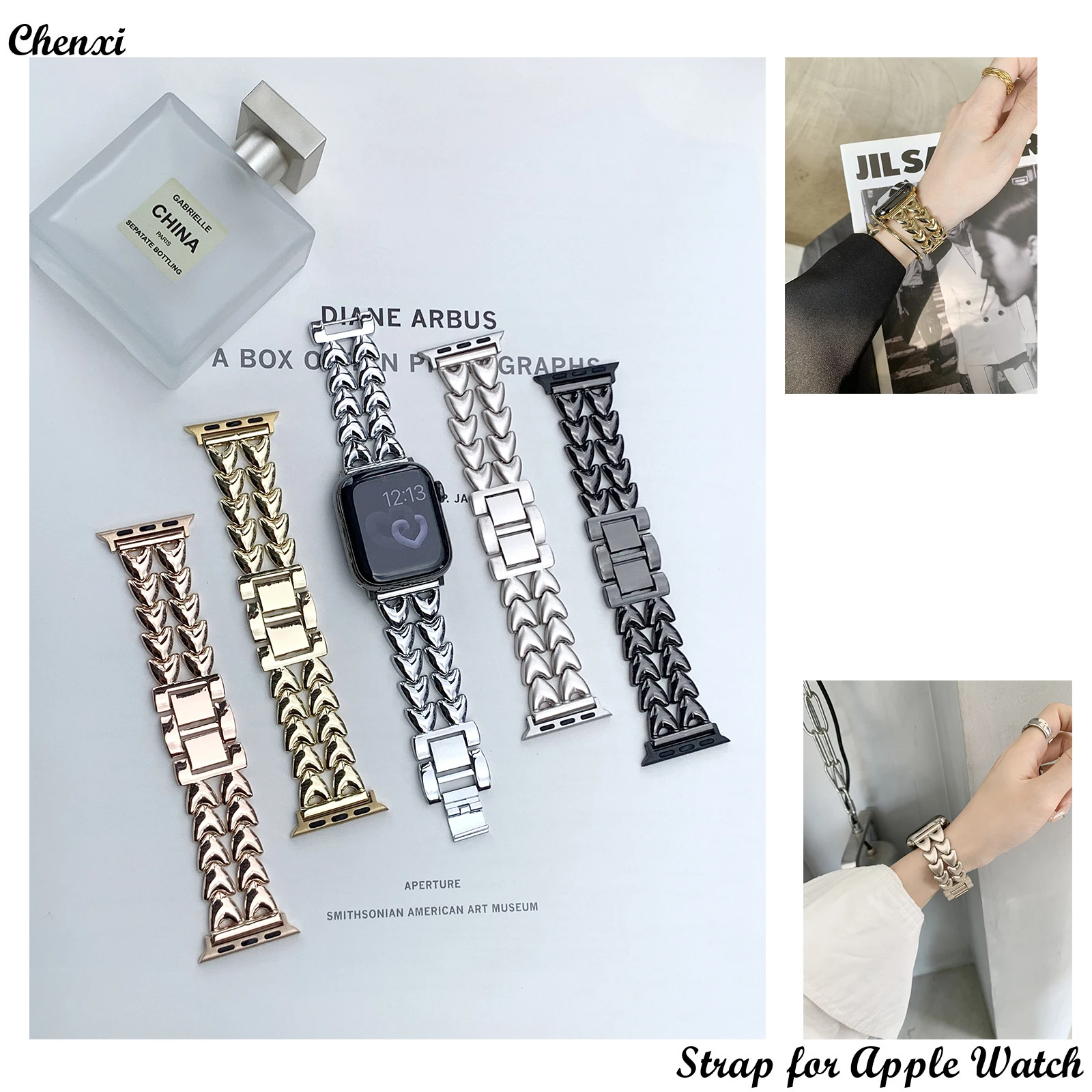 

Metal strap for Apple watch band women love bracelet double chain for iwatch87654321SE Ultra38 40 41 42 44 45 49mm fashion wrist