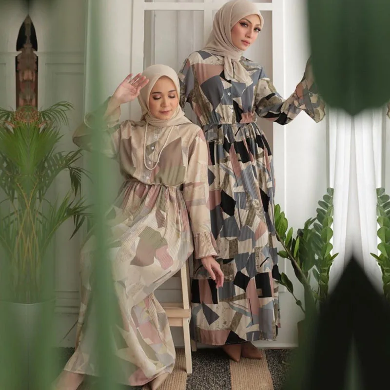 

Fashion Middle East Elegant Maxi Dresses For Women Retro Print Muslim Dubai Abaya Lapel Single-breasted Long Sleeve Shirt Dress