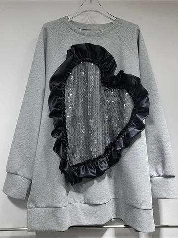 DEAT 2024 Autumn New Fashion Women's Heart Sequins Sweatshirt Loose Patchwork Drawstring Waist Long Sleeve Hoodie Female 29L8280