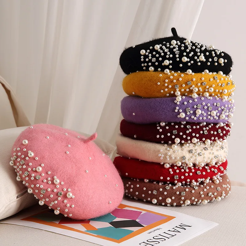 

New Girl Rhinestone Wool Beret Autumn Winter England Retro Small Fragrant Wind Pearl Painter Cap Lovely Hundred Decorative Hat