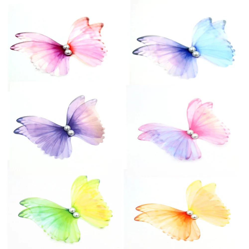 10 шт. большие см Аппликации Бабочки из органзы с жемчугом для украшения