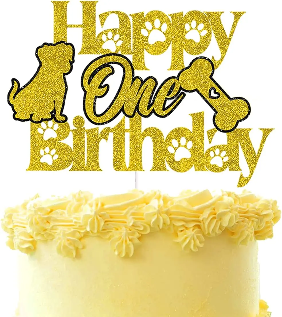 JOYMEMO Dog Cake Topper Gold Happy One Birthday Cake Topper Glitter Pet Dogs Boys or Girls 1st Birthday Party Cake Decorations