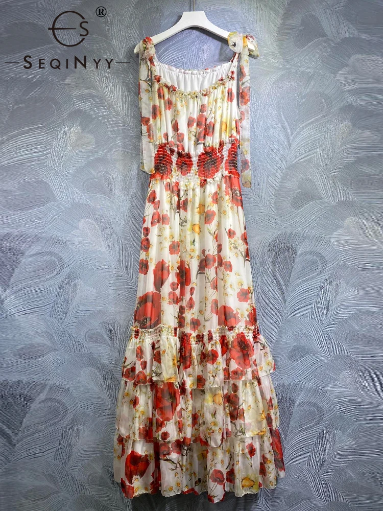 SEQINYY Elegant Chiffon Dress Summer Spring New Fashion Design Women Runway High Street Vintage Sicily Red Flower Print Casual
