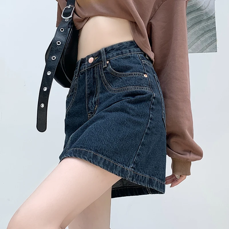 Vintage Denim Skirt Women's Dark Blue Summer High Waist Slim A-line Wrapped Hip Short Skirt Fashion