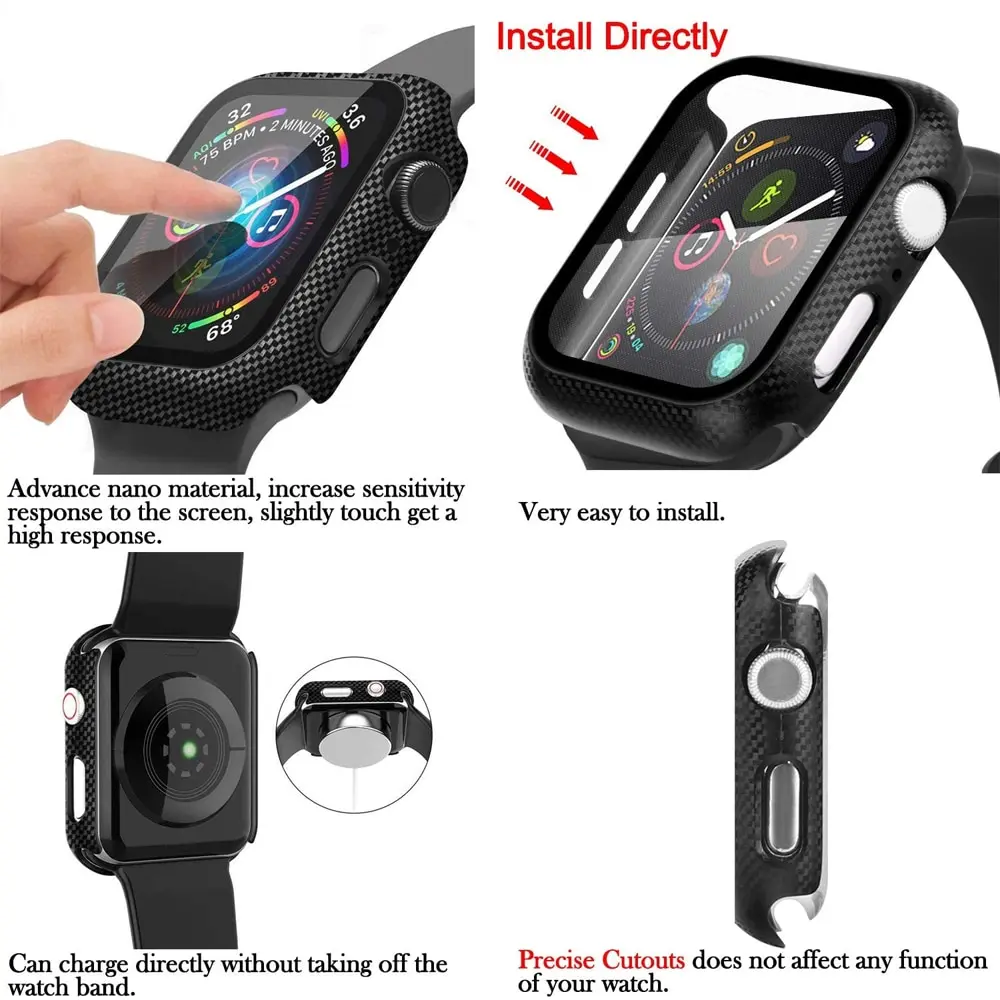 Чехлы для apple watch чехол 44 мм 42 40 38 стеклянный бампер из углеродного волокна + защита