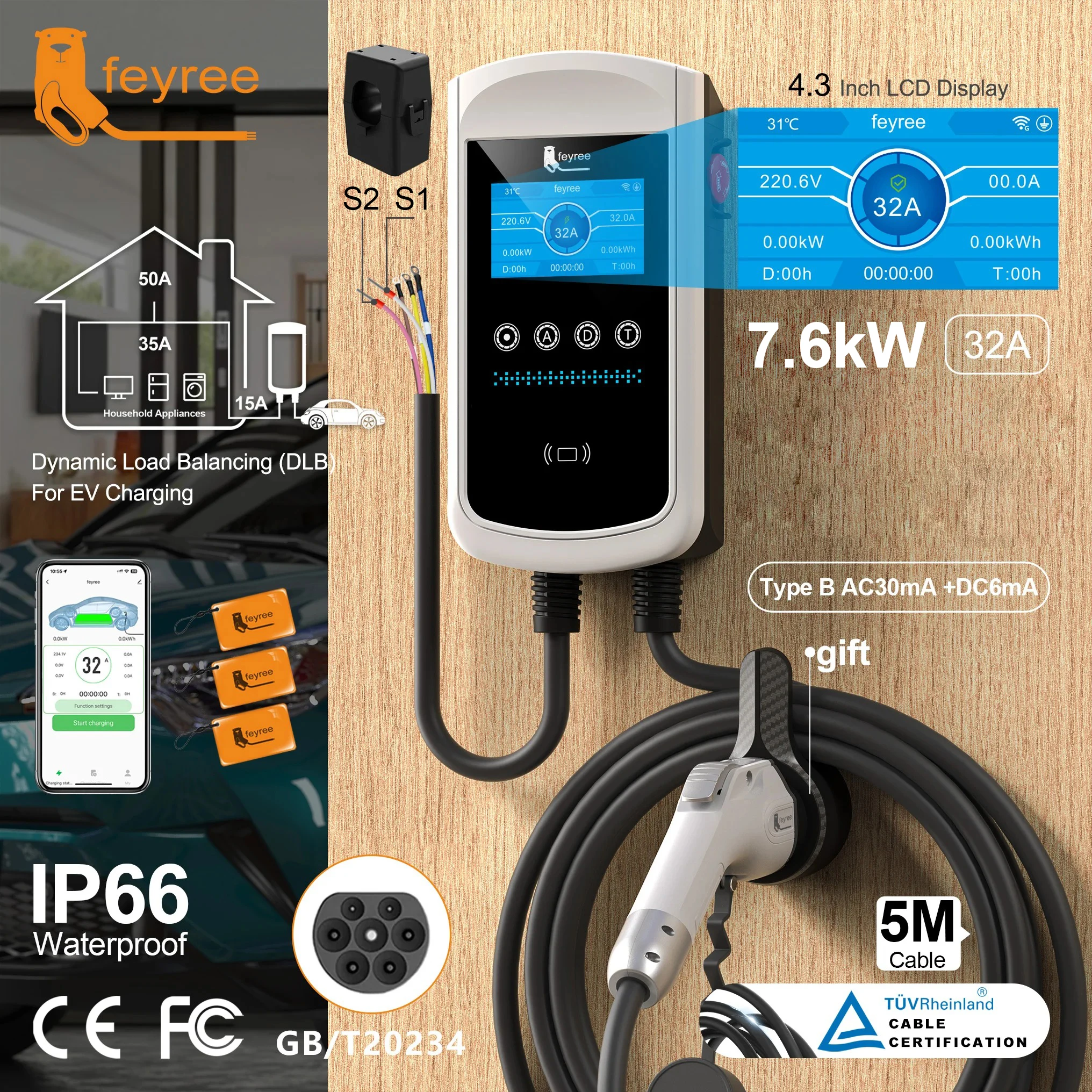 

Зарядное устройство для электромобилей Feyree GB/T 7.6 кВт 32А с динамическим балансированием нагрузки, настенная зарядная станция с 4.3-дюймовым LCD-дисплеем, Wi-Fi и приложением, запись истории зарядок, 11 кВт, 22 кВт, 3-фазная зарядная станция