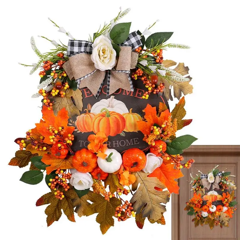 

Thanksgiving Pumpkin Wreath Fake Pine Cones Silk Maple Leaves Wreath Decorative Autumn Front Door Wreath Party Home Decor