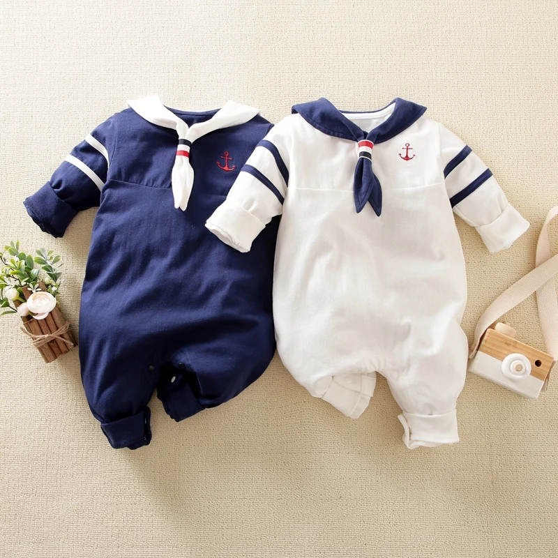 

Hibobi Design Newborn Baby Boy Navy Collar Anchor Pattern Stripe Long Sleeve Jumpsuit Cotton Cute Romper Onesie Jumpsuits