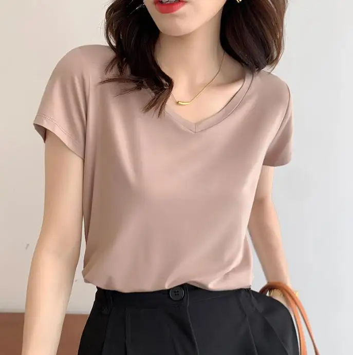 

Short sleeved T-shirt for women's new thin V-neck