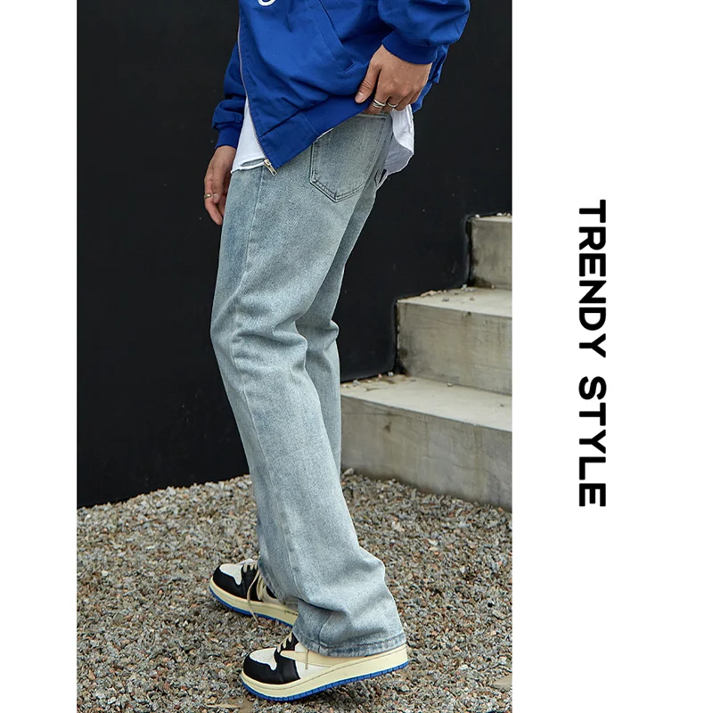 Streetwear Men Embroidered Letter Recreational Jeans Sense of 2022 Design Vintage Blue Straight Pants Autumn and Winter Female