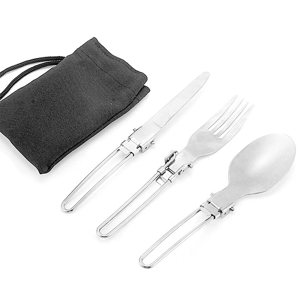 

3 Pcs 1 Set Stainless Steel Outdoor Camping Picnic Tableware Travel Folding Tableware Stainless Steel Folding Knife Fork Spoon