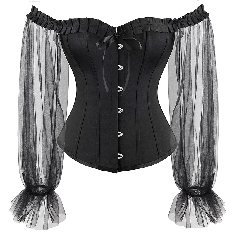 Corset Tops for Women Corset Overbust Lingerie Lace up Back Bustier Top Fashion Corsets with Mesh Long Sleeve