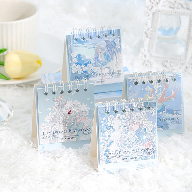 

2023 Creative Cute Mini Fantasy Fairy Tale Desk Small Calendar Planner Small Calendar Romatic Blue Illustration Desk Decoration