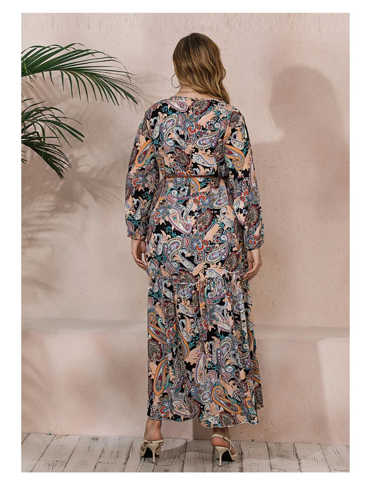 Spring and Summer Best Selling Retro Paisley Plus Size Dress Fat mm Loose Long Sleeve Pendulum Long Dress