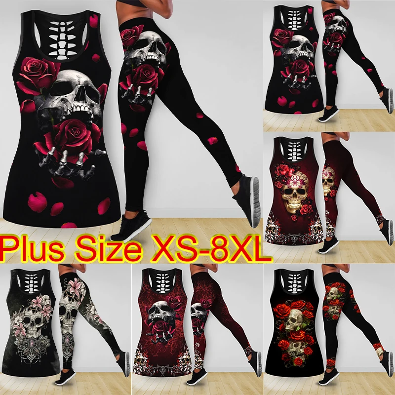 

Женская майка с принтом розовых черепов, леггинсы, одежда, брюки для фитнеса, Летний жилет, костюм для йоги