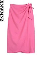 xnwmnz 2022 women fashion knotted midi skirt retro high waist lace up slit female chic skirt