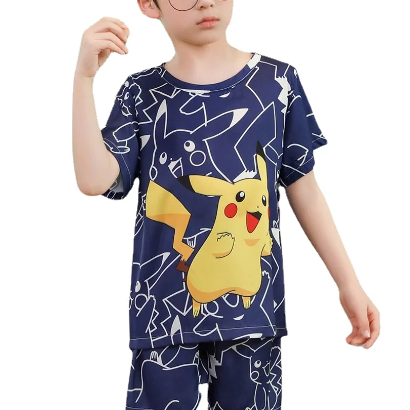 Pokemon Kawaii Boys Cartoon Pikachu Ice Silk Pajamas Summer Thin Suit Children's Loose Lightweight Home Clothes Holiday Gift