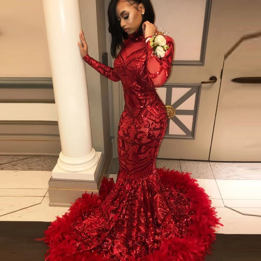 

Burgundy South African Prom Dresses Mermaid Long Sleeves Feather Black Girls Nigeria Robe De Soiree Evening Dresses Gown