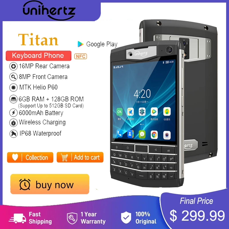 Unihertz Titan Android 10 Rugged Smartphone 6GB 128GB Octa Core Waterproof 6000mAh Battery Wireless Charging 16MP 4.6