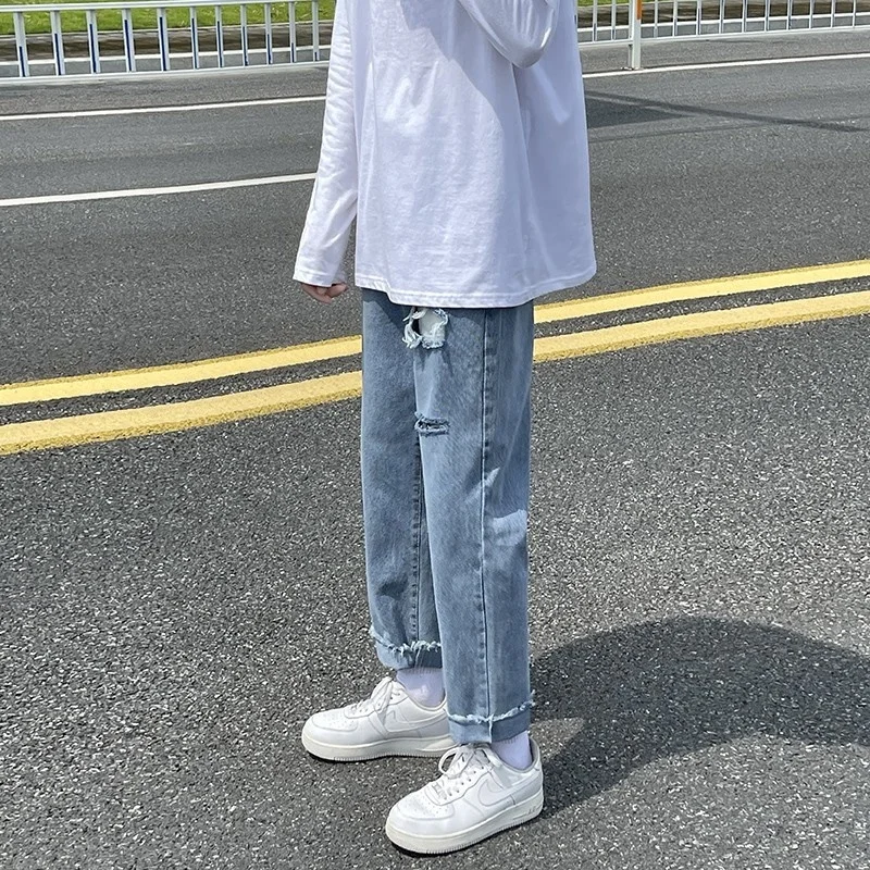 Summer Blue/Black Ripped Jeans Men Slim Fashion Casual Straight Jeans Men Streetwear Hole Denim Trousers Mens Pants 27-36