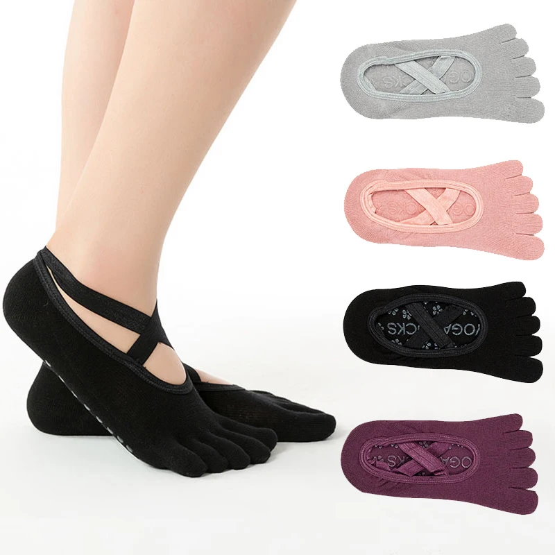 

Women's Five Full Toes Low Short Socks Sippers Cross Bandage Anti-Slip PVC Sole for Ballet Dancing Pilate Yoga Ladies Sport Sock