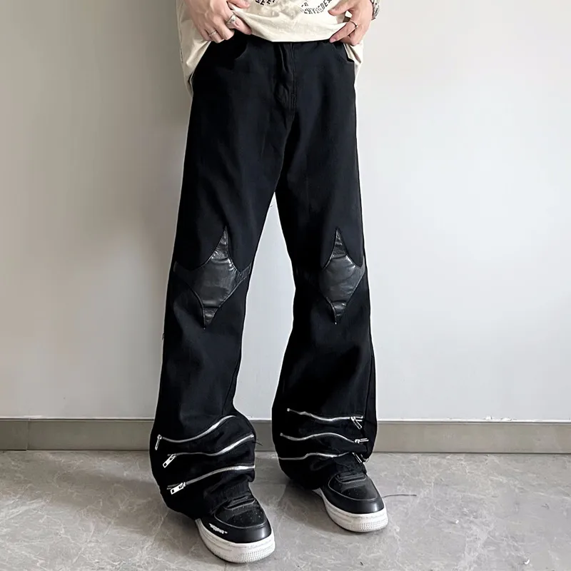

2022 Cool Design Knee Patch Leather Black Streetwear Men Baggy Jeans Pants New Fashion Zipper Hip Hop Denim Trousers Ropa Hombre