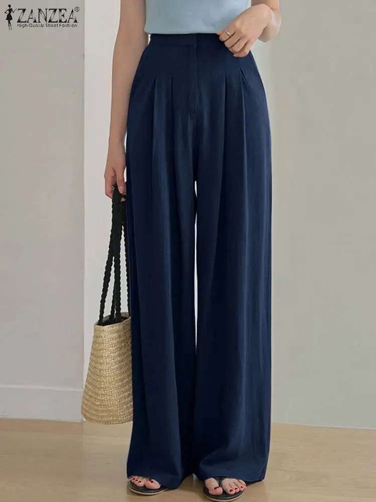 

Брюки ZANZEA женские с широкими штанинами, модные Плиссированные Длинные винтажные однотонные простые брюки, повседневные свободные штаны с к...