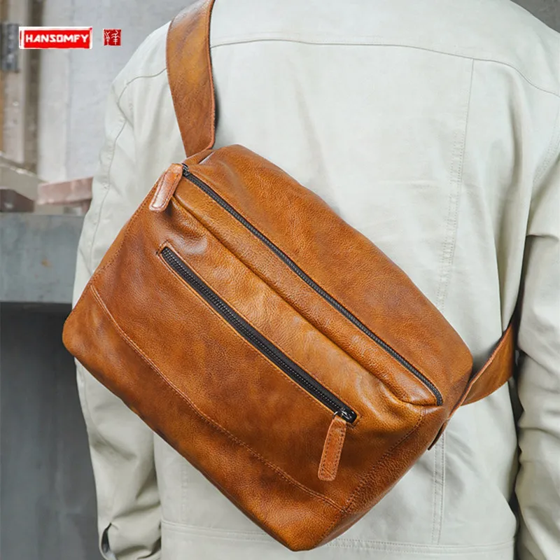 Leather Outdoor Men's Bags Shoulder Messenger Bag Plant Leather High-End Simple Chest Bag Business Storage Bag Backpacks