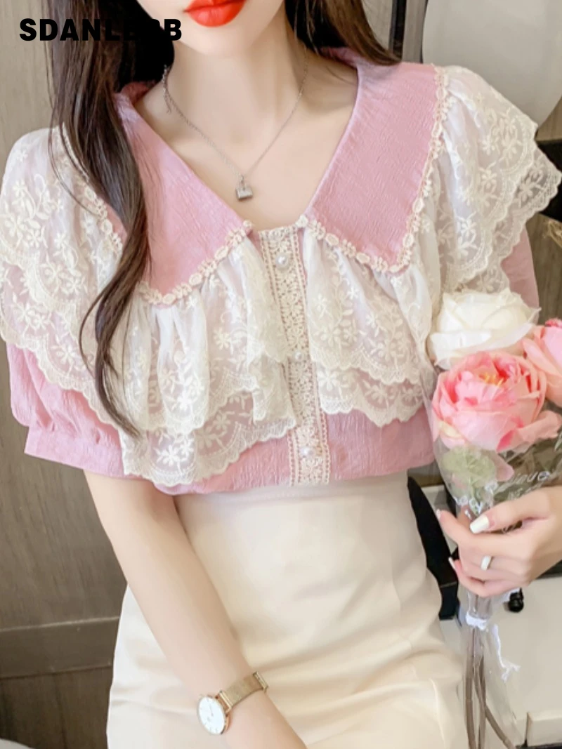 

2022 New Summer Doll Collar Lace Stitching Short-Sleeved Shirt Women's Youth-Looking Chic Top Solid Color Elegant Blusas Mujer