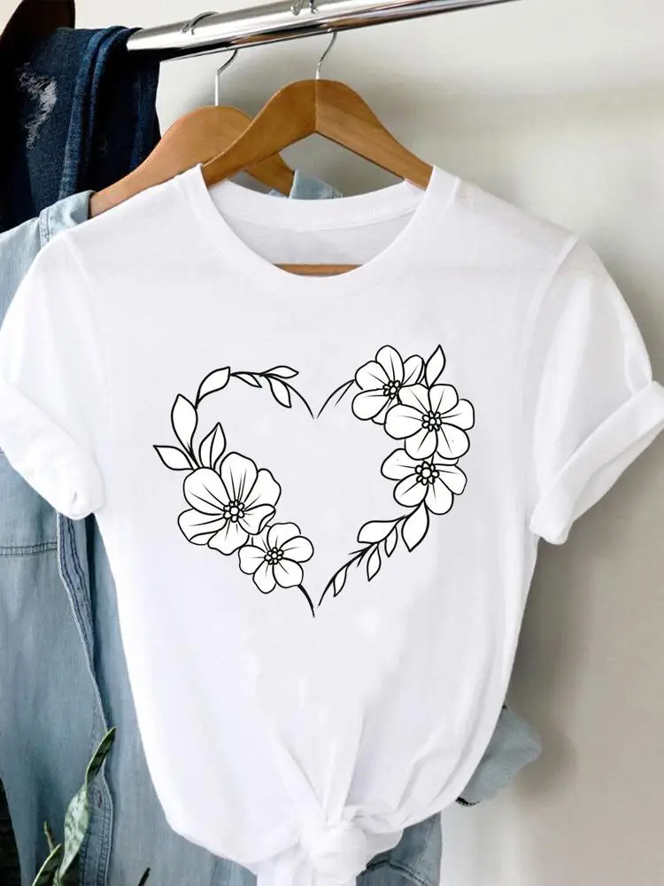 

Tee Lady O-neck Women Love Heart 90s Cute Flower Short Sleeve Fashion Summer Top Casual Clothes Tshirt Female Graphic T-Shirt
