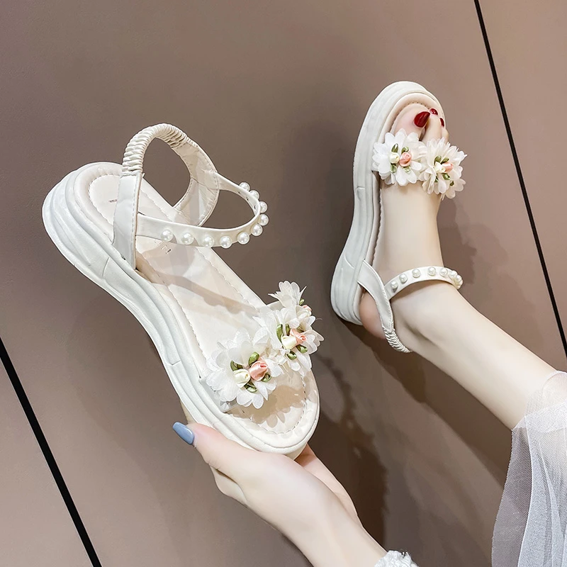 

Sandals Women Summer New Fashion Women's Sandals 2022 Pearl Platform Shoes Sweet Flowers Casual Sandals Elastic Band Women Shoes