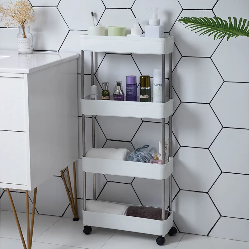 

Storage Cart Multilayer Slim Plastic Shelf Organizer Cart Rack 4 Wheels Mobile Kitchen Bathroom Organization Household Shelves