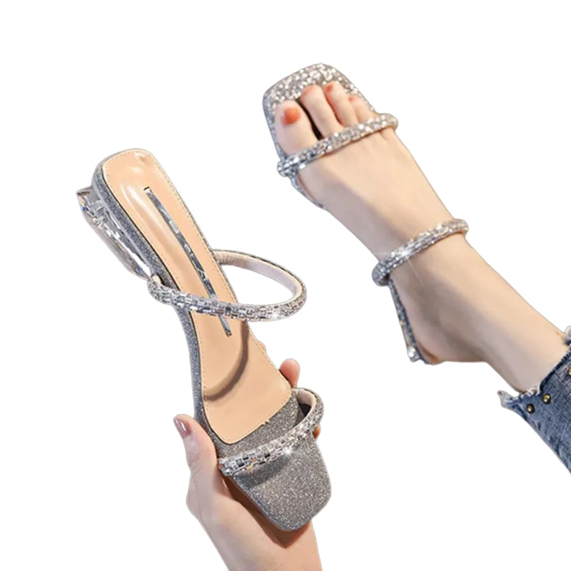 Women's Shoes Summer Outer Wear Thick Heels Low Heeled Sandals Diamond Studded Women's Slippers Fairy Open Toe Sandals