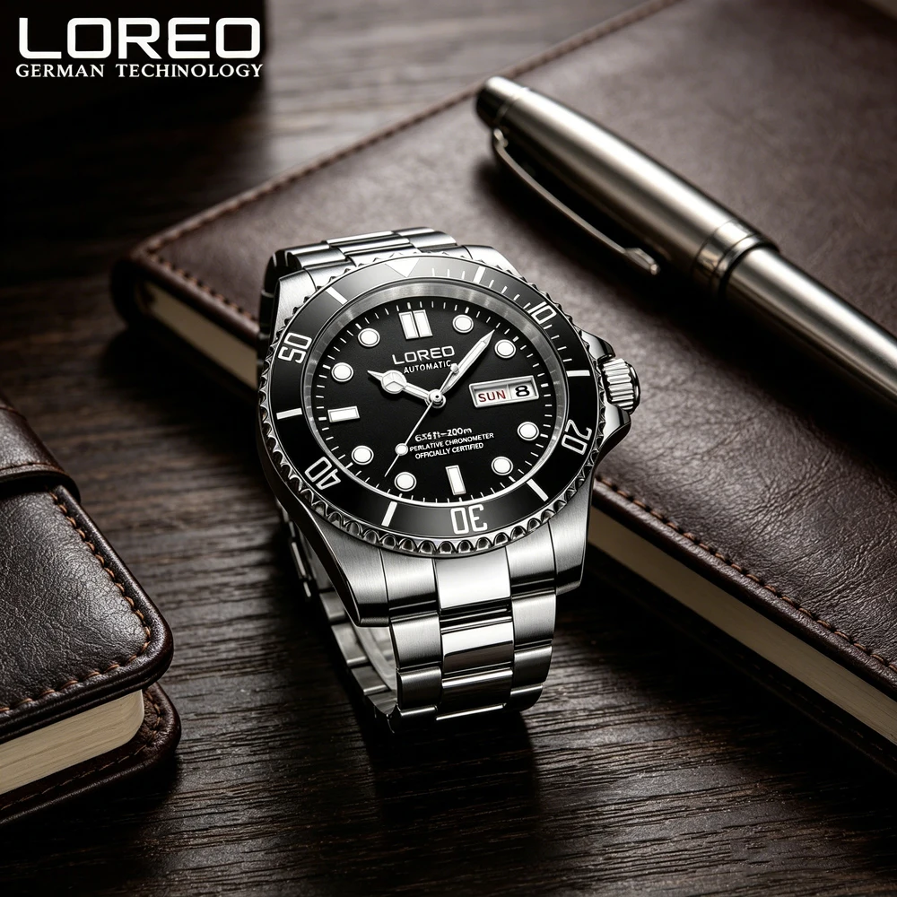 Фото Роскошные автоматические часы LOREO Diving Series для мужчин, механические часы с календарем из нержавеющей стали, водонепроницаемые до 200 м, модные повседневные часы №4
