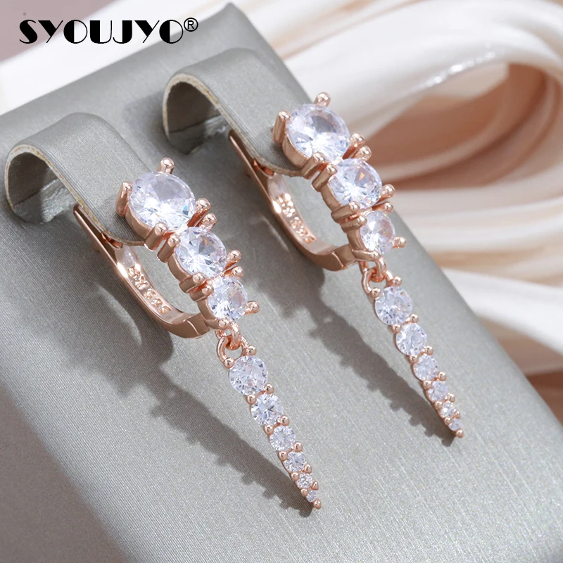 

SYOUJYO Luxury Natural Zircon Long Earrings for Women 585 Rose Gold Color Sparking Water Drop Bride Wedding Crystal Jewelry 2022