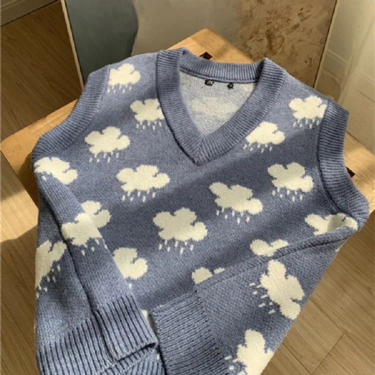 

2022 Autumn Knitted Pullover Sweater Vest Women Sleeveless Cloud Print V-neck Sweaters Loose Knit Vest Top Winter Clothes Women
