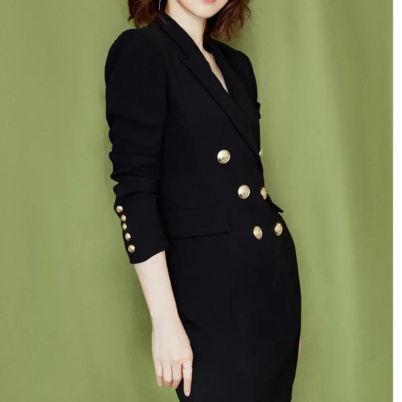 Осень 2024 новый элегантный черный костюм с длинными рукавами облегающий талию
