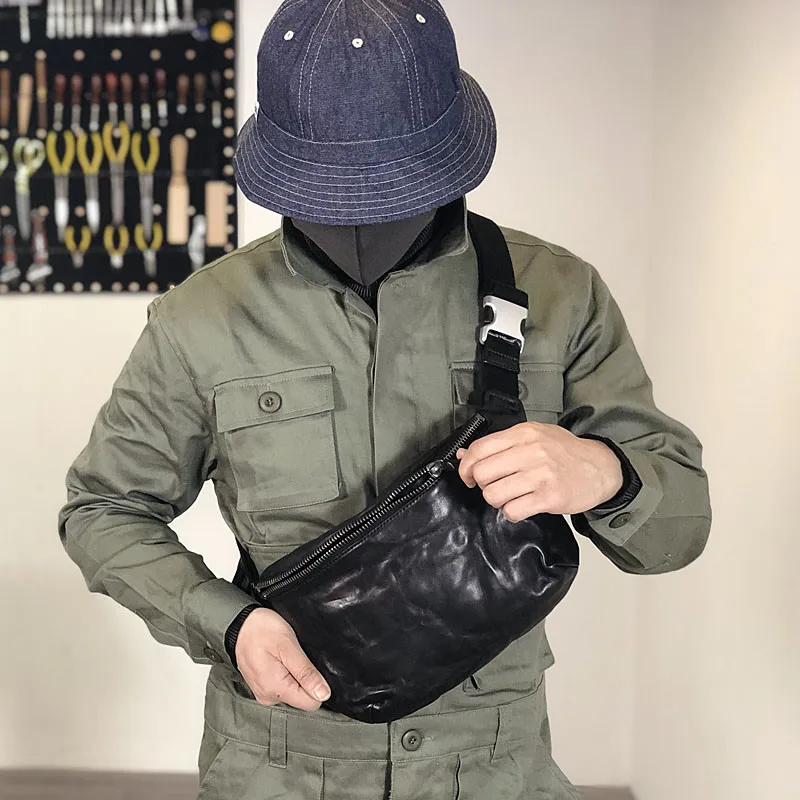 Retro handmade luxury genuine leather men's chest bag fashion multifunctional real cowhide waist pack motorcycle cross-body bag