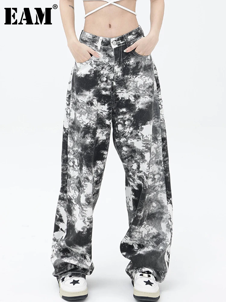 

[EAM] High Waist Black Tie Dye Long Wide Leg Casual Trousers New Loose Fit Pants Women Fashion Tide Spring Autumn 2022 1DE8440