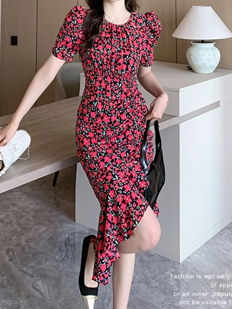 Elegant V-Neck Printed Bubble Sleeve Dress Slim Fit Fishtail Dress 2023 Summer New Fashion Women'S Clothing images - 6