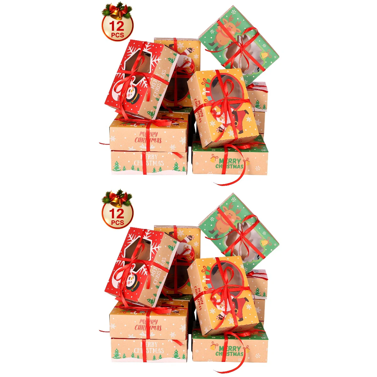 

2pcs PRETYZOOM 12pcs Christmas Cookie Boxes Kraft Paper Boxes with 1 Roll/22m Ribbons Gift Candies Boxes for Christmas Party