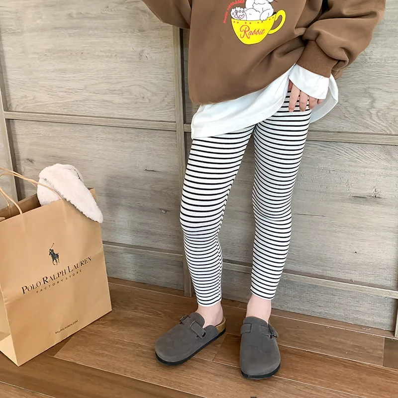 

Autumn girls fashion striped skinny pants kids cotton slim stretch Leggings 2-8Y
