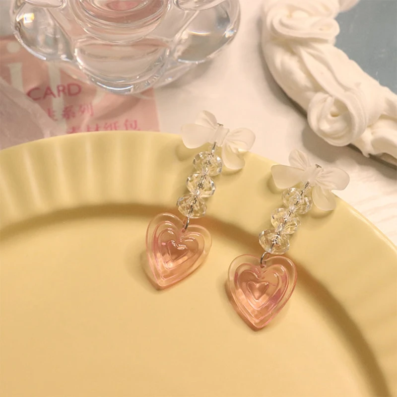 

Vintage Pink Y2K Peach Heart Tassel Earrings for Women Harajuku Bowknot Korea Earrings Resin Fashion Jewelry 90s Crystal Long