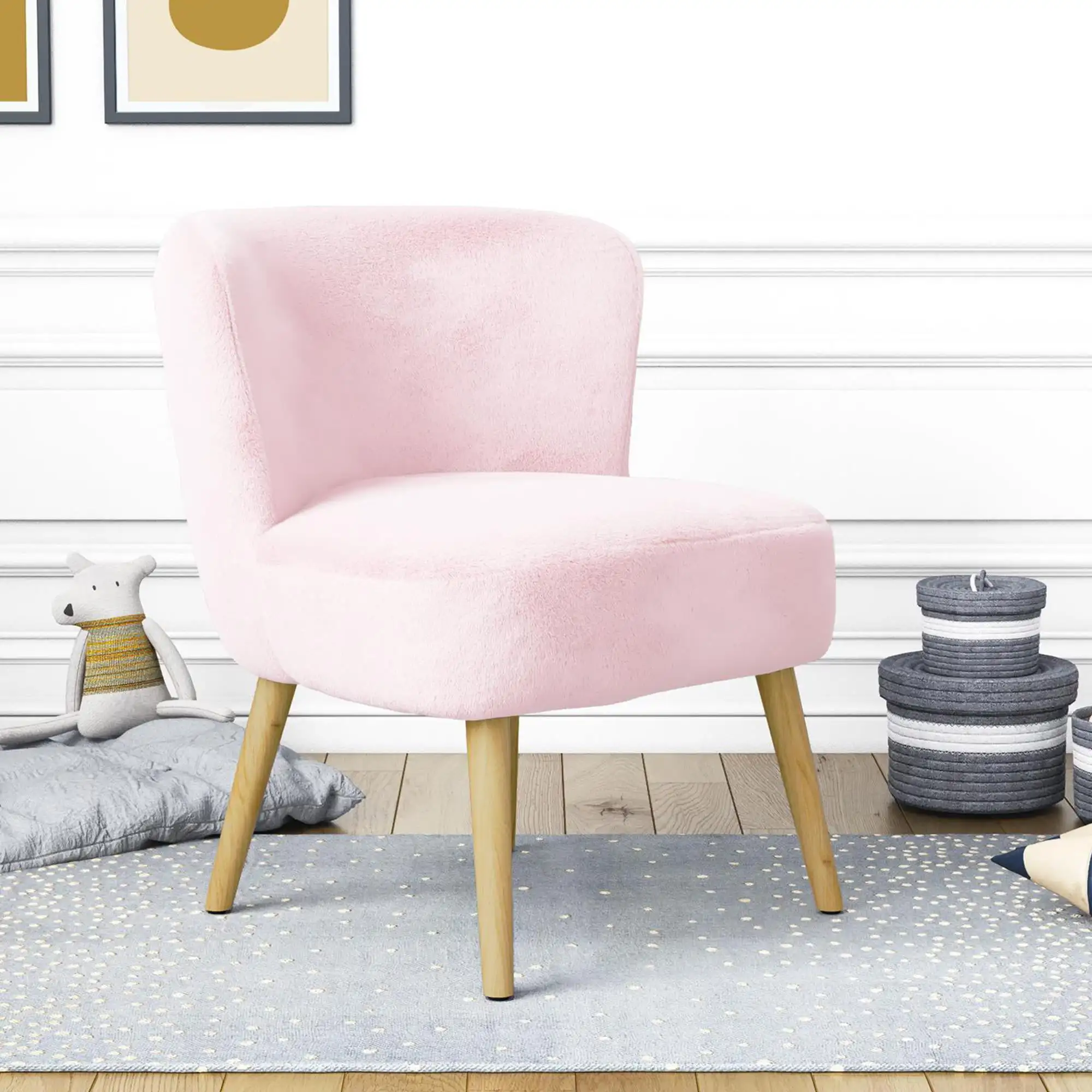 

DHP Easton Faux Fur Kids' Accent Chair with Natural Wood Legs, Pink