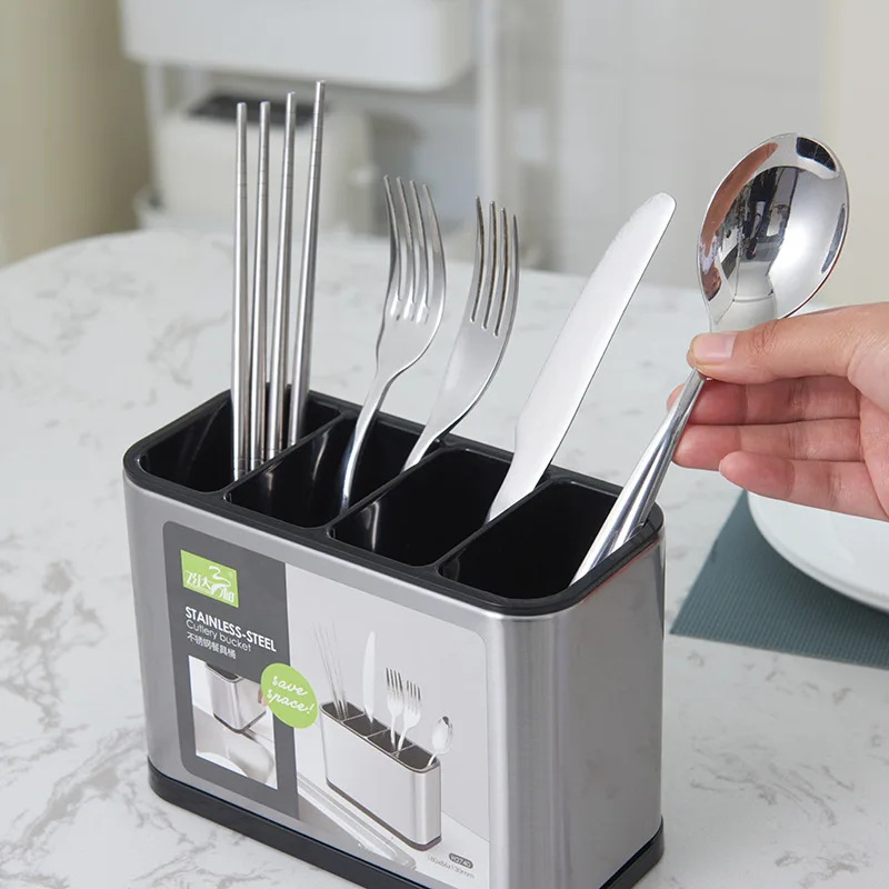 

Large Capacity Stainless Steel Chopsticks Spoon Knife Fork Cutlery Storage Box with Drain Function Multiple Grids Kitchen Tools