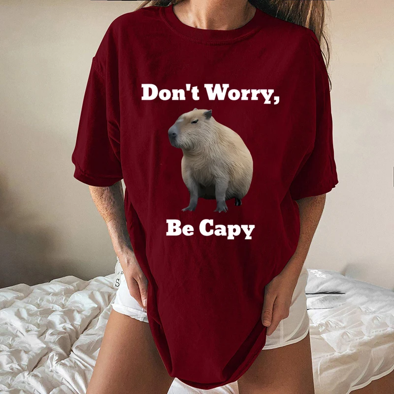 

Don't Worry Be Capy Print Women 2023 T-shirt Female Short Sleeve Cartoon Ladies Tees Vintage Graphic Top Lovely Capybara T-Shirt