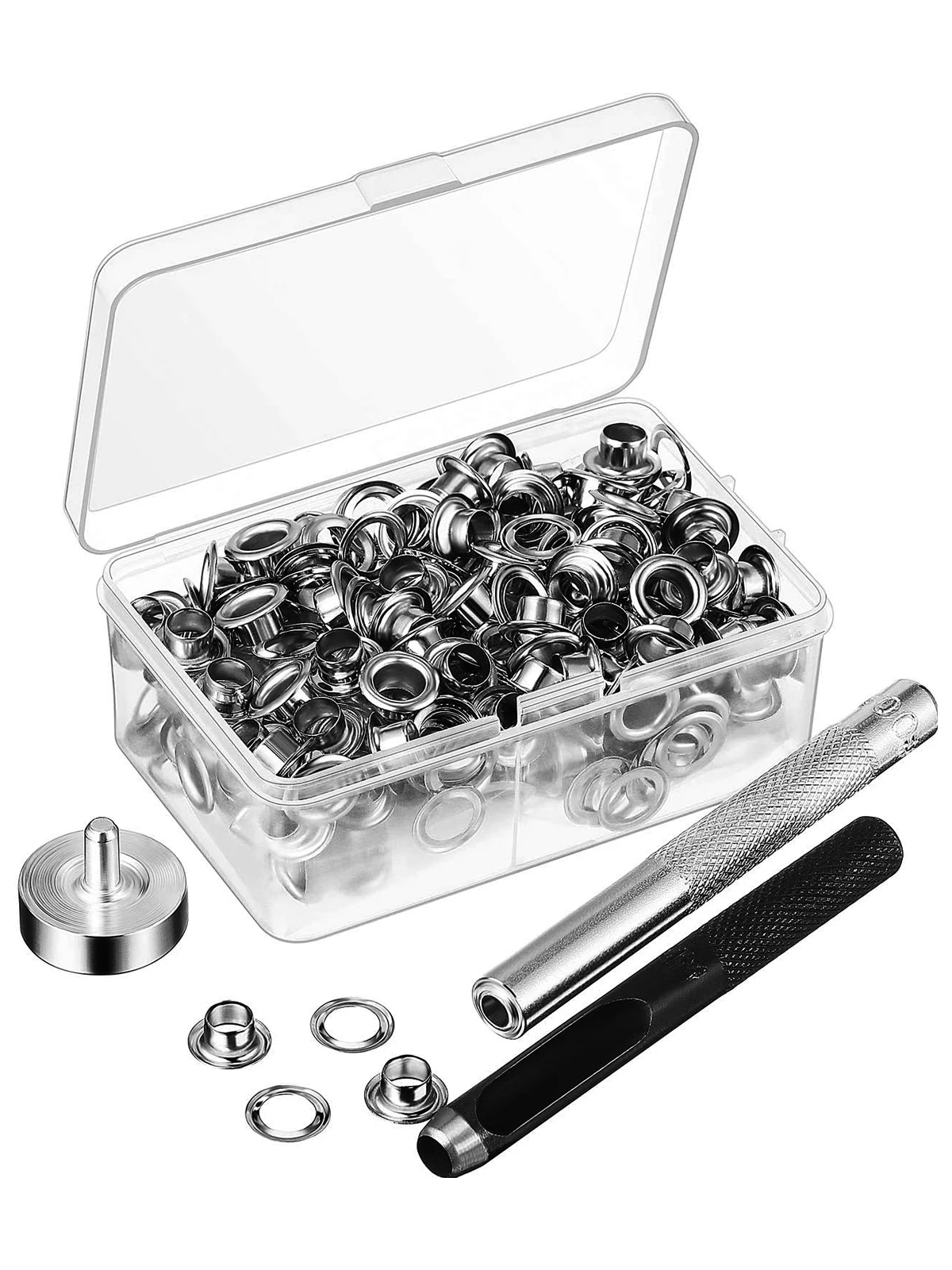 Grommet Tool Kit 100 Sets Grommets Eyelets 6mm/8mm/10mm/12mm Inside Diameter Silver for Clothes Shoes Bag Leather Crafts DIY