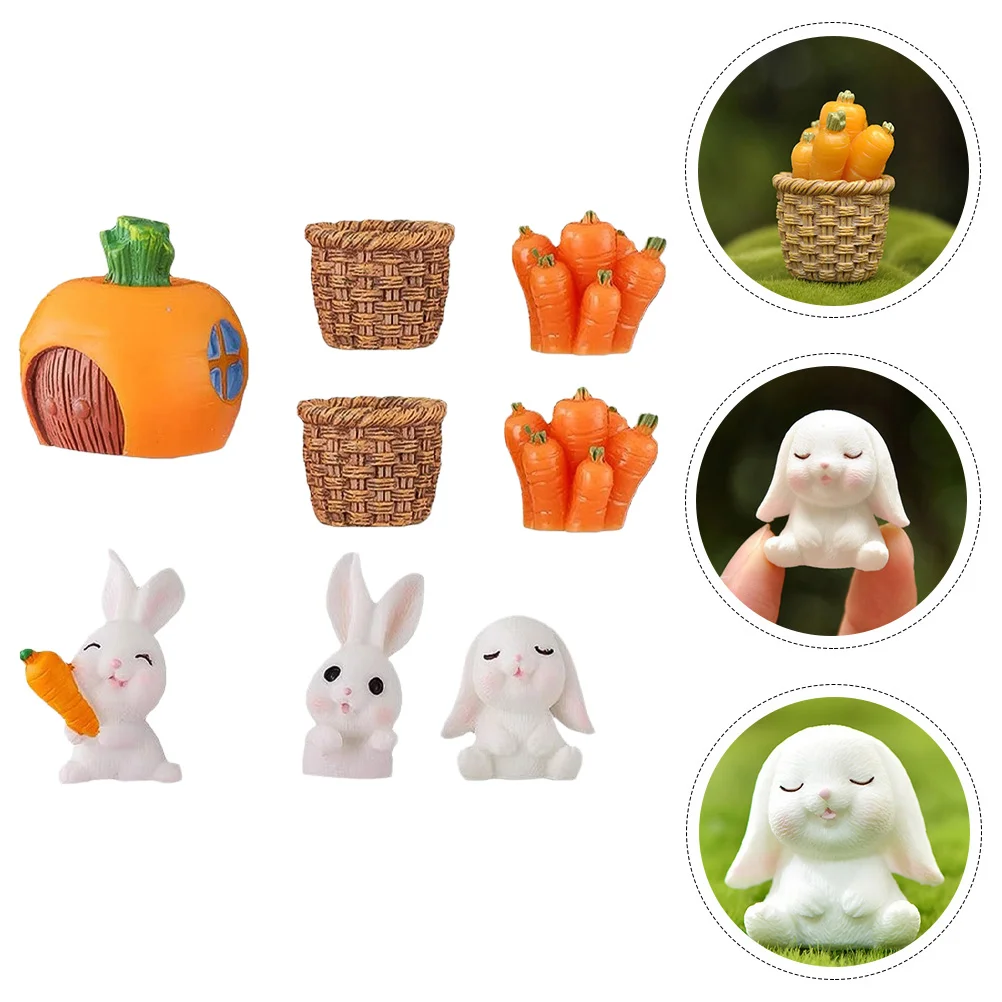 

8Pcs Mini Bunny Figurine Easter Miniature Straw Basket Statue Small Carrot Ornament