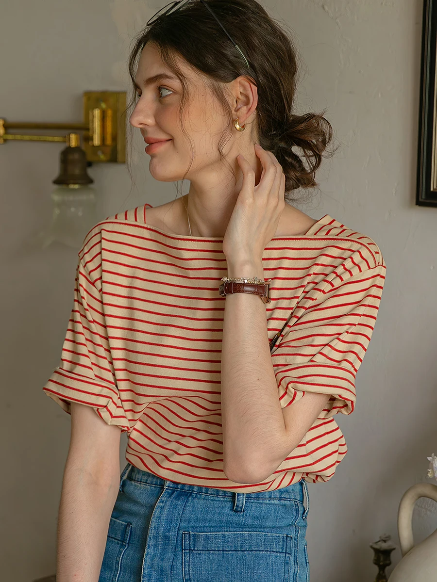 

Red Striped Tee Shirt Woman Summer Short Sleeves Slash Neck Loose Tshirts Top Elegant Vintage Femme Casual T-shirt Lady Pull