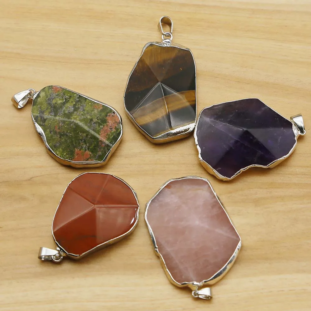 

Free Shipping Natural Raw Stone Pyramid Cut Face Pendant Irregular Silver Edge Necklace Charm Jewelry Accessories Wholesale 5Pcs